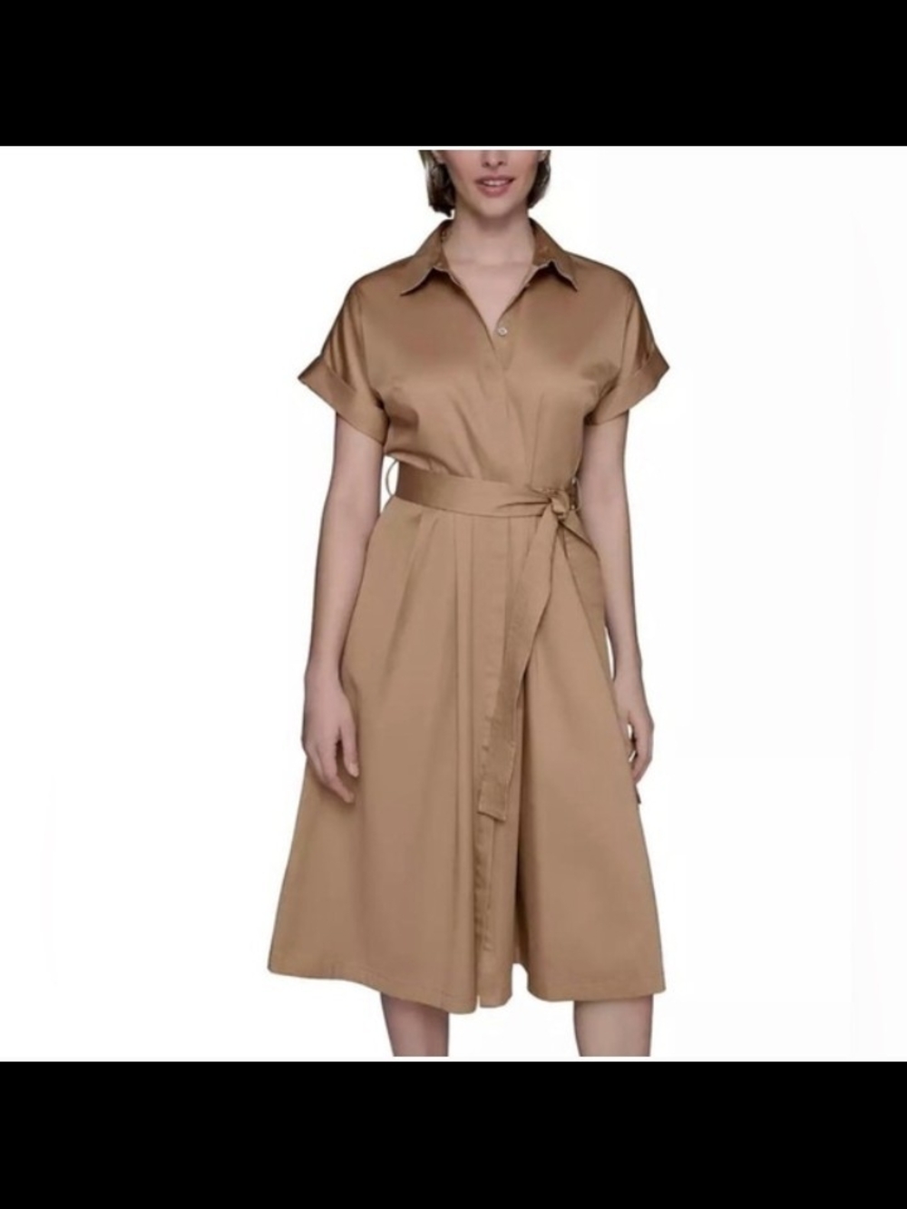 Karl Lagerfeld Tan Shirtwaist Midi Dress with Waist Tie